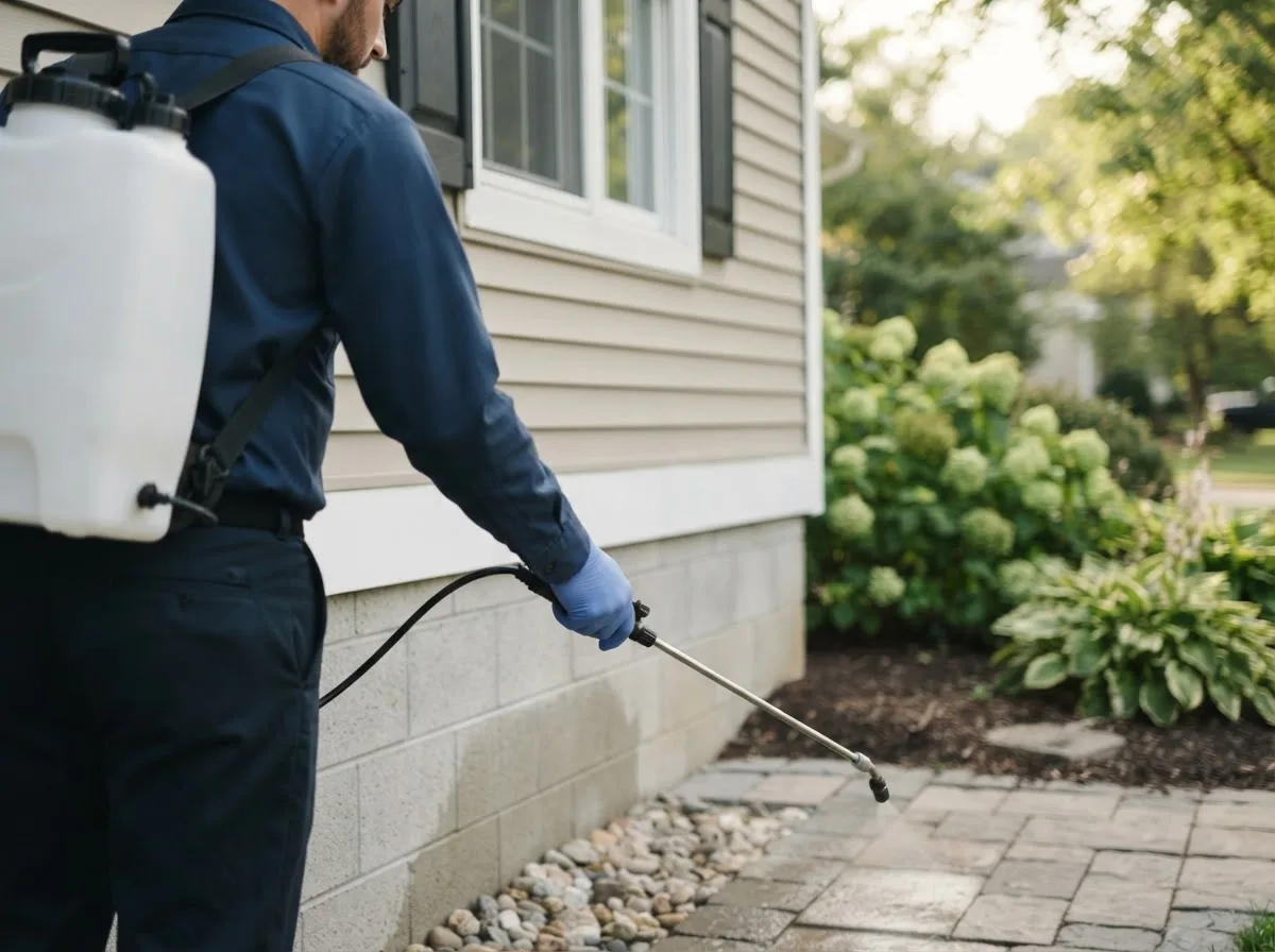 Pest control technician inspecting a home in Harleton, TX